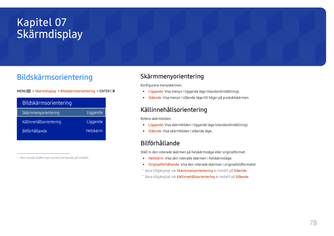 Samsung LH75OHFPLBC/EN Skärmdisplay, Bildskärmsorientering, Skärmmenyorientering, Källinnehållsorientering, Bilförhållande 