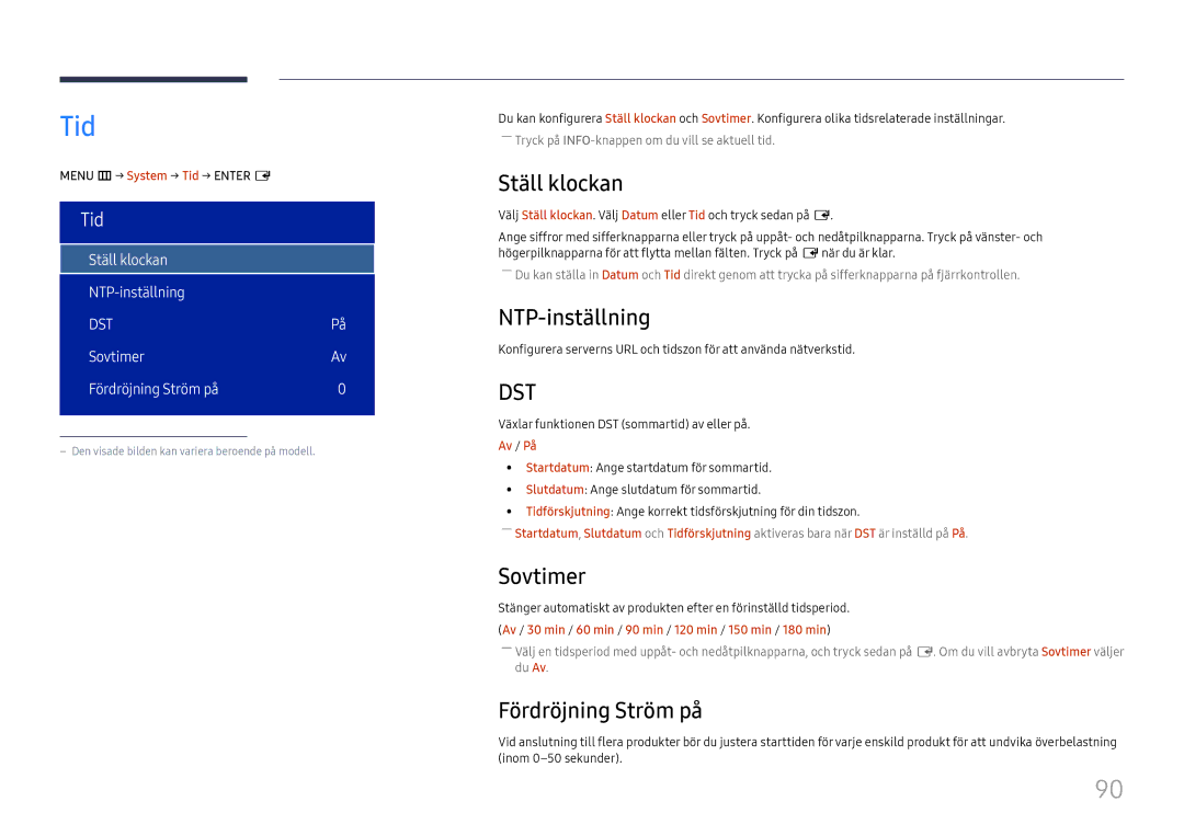 Samsung LH75OHFPLBC/EN manual Tid, Ställ klockan, NTP-inställning, Sovtimer, Fördröjning Ström på 