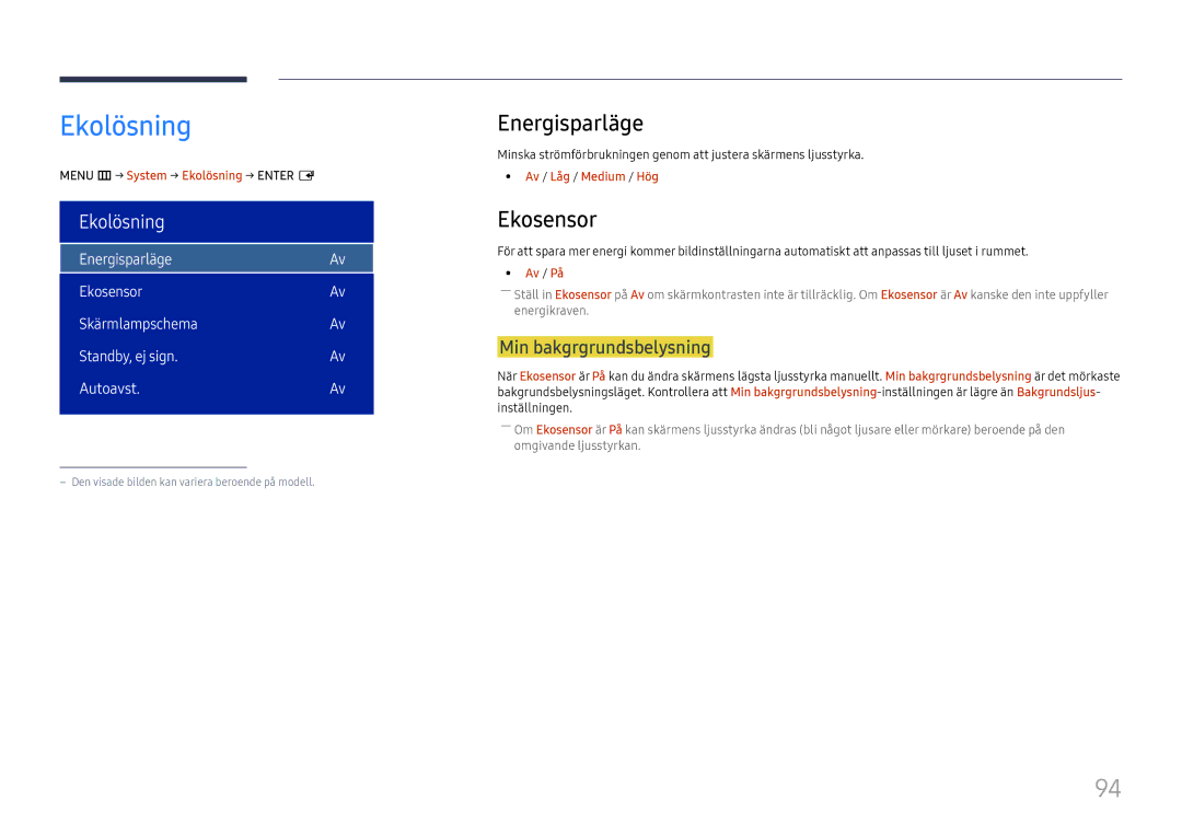 Samsung LH75OHFPLBC/EN manual Ekolösning, Energisparläge, Ekosensor, Min bakgrgrundsbelysning 