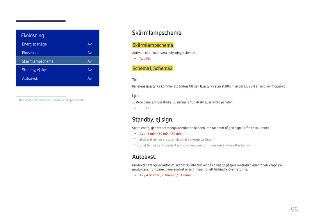 Samsung LH75OHFPLBC/EN manual Skärmlampschema, Standby, ej sign, Autoavst, Schema1, Schema2 