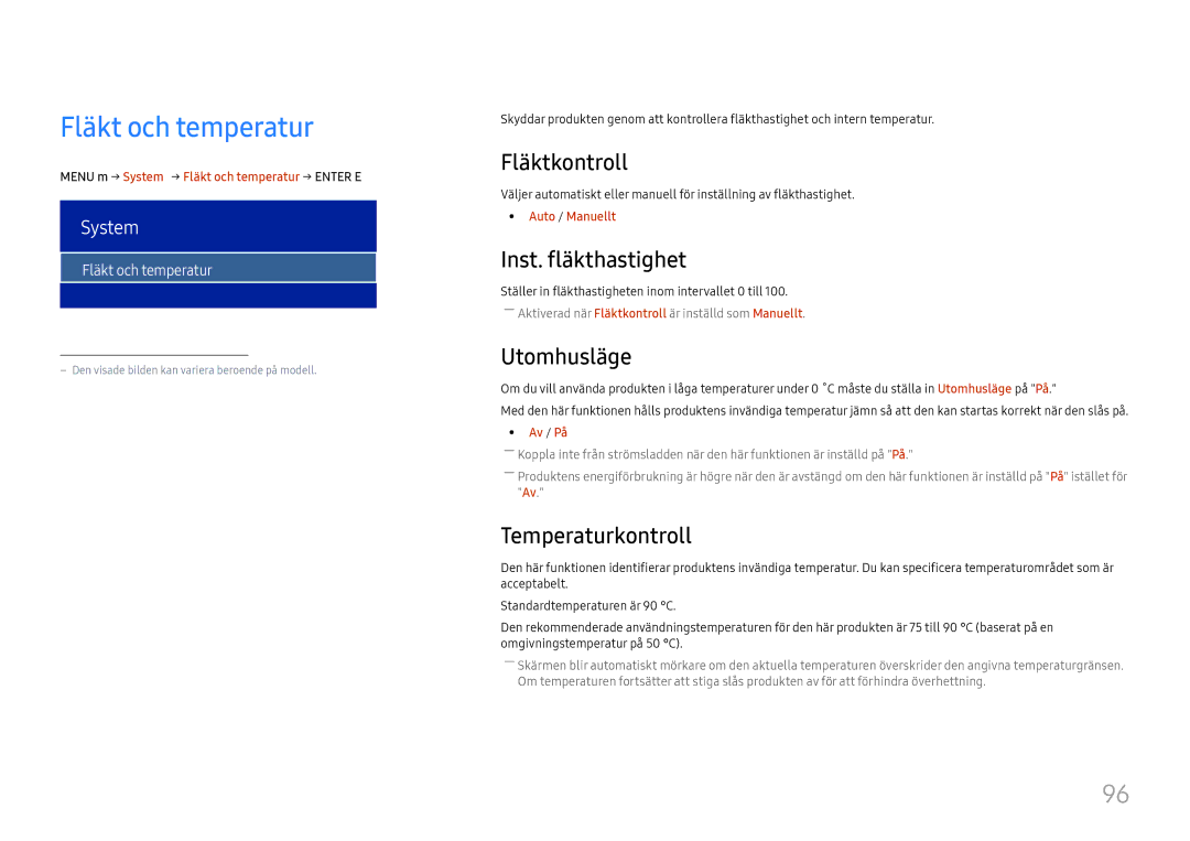 Samsung LH75OHFPLBC/EN manual Fläkt och temperatur, Fläktkontroll, Inst. fläkthastighet, Utomhusläge, Temperaturkontroll 