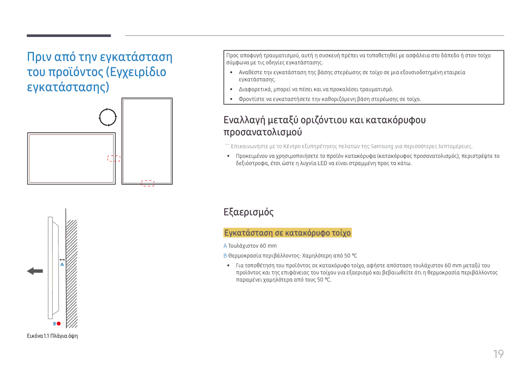 Samsung LH75OHFPLBC/EN manual Εναλλαγή μεταξύ οριζόντιου και κατακόρυφου προσανατολισμού, Εξαερισμός, Εικόνα1.1 Πλάγια όψη 