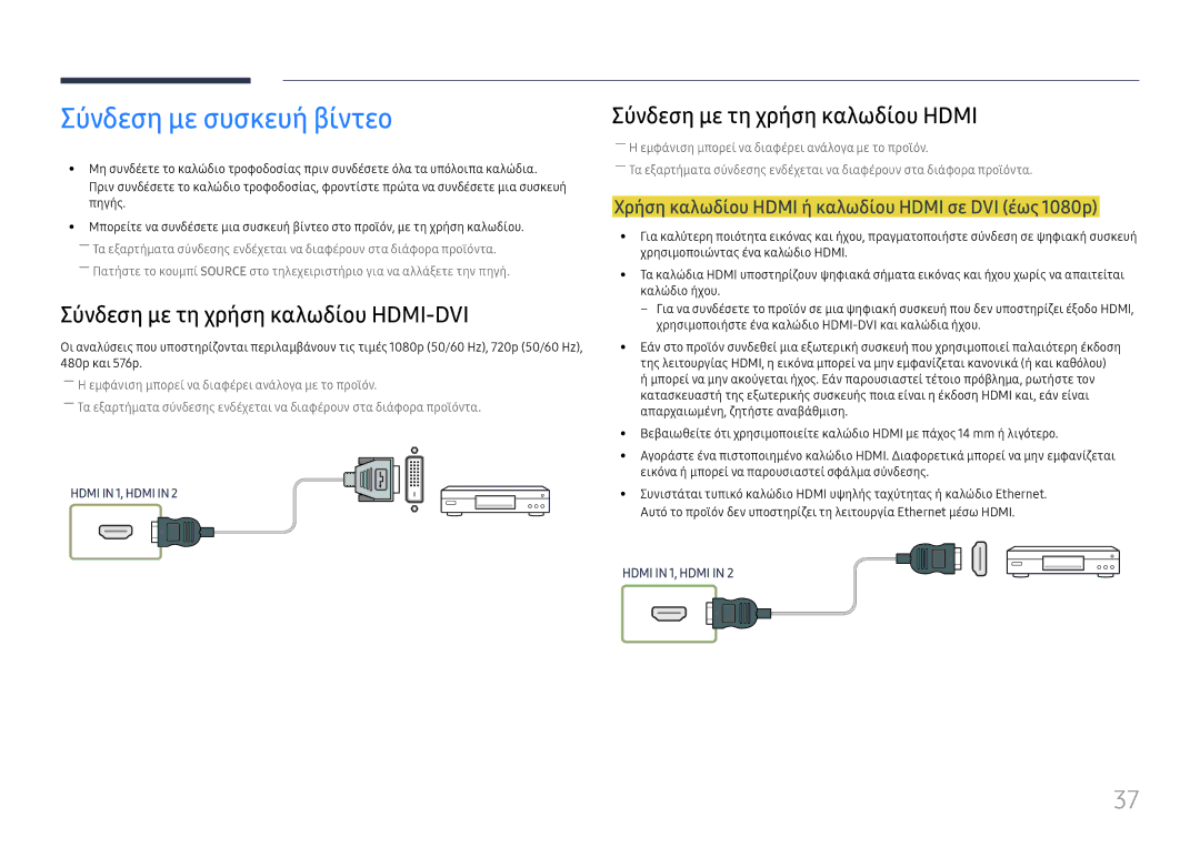 Samsung LH75OHFPLBC/EN manual Σύνδεση με συσκευή βίντεο, Σύνδεση με τη χρήση καλωδίου HDMI-DVI 