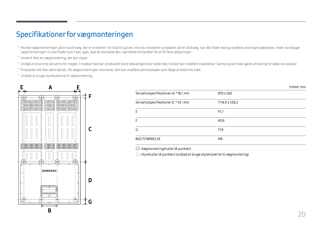 Samsung LH75OHFPLBC/EN manual Specifikationer forvægmonteringen 