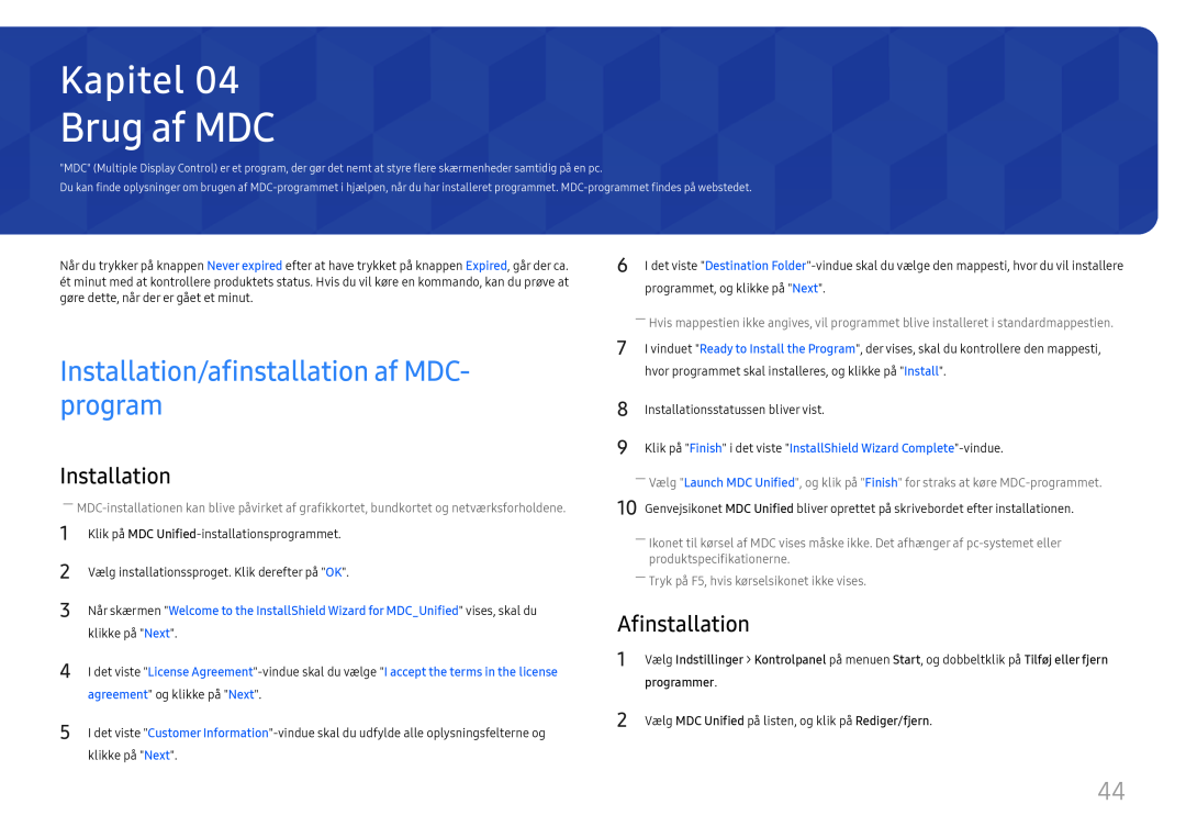 Samsung LH75OHFPLBC/EN manual Brug af MDC, Installation/afinstallation af MDC- program, Afinstallation, Kapitel, programmer 