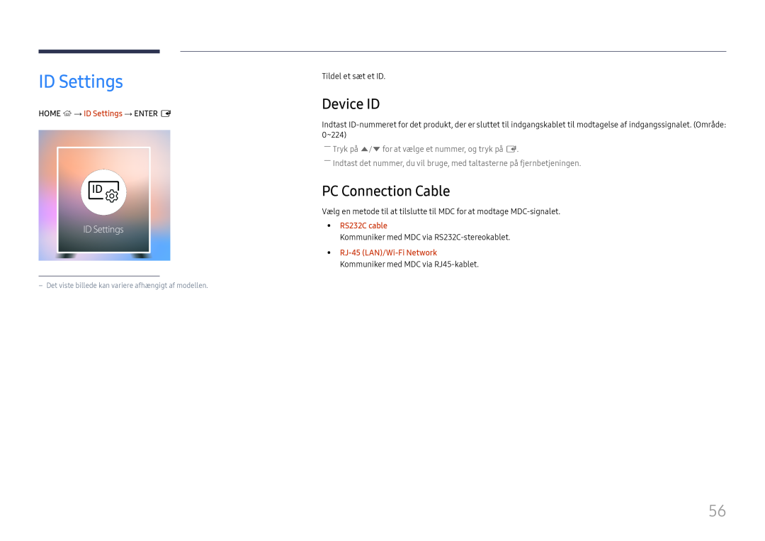 Samsung LH75OHFPLBC/EN manual Device ID, PC Connection Cable, HOME → ID Settings → ENTER E, RS232C cable 