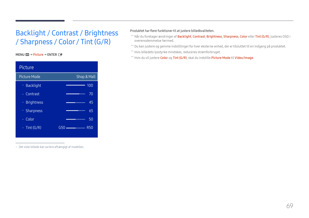 Samsung LH75OHFPLBC/EN manual Backlight / Contrast / Brightness / Sharpness / Color / Tint G/R, Picture 