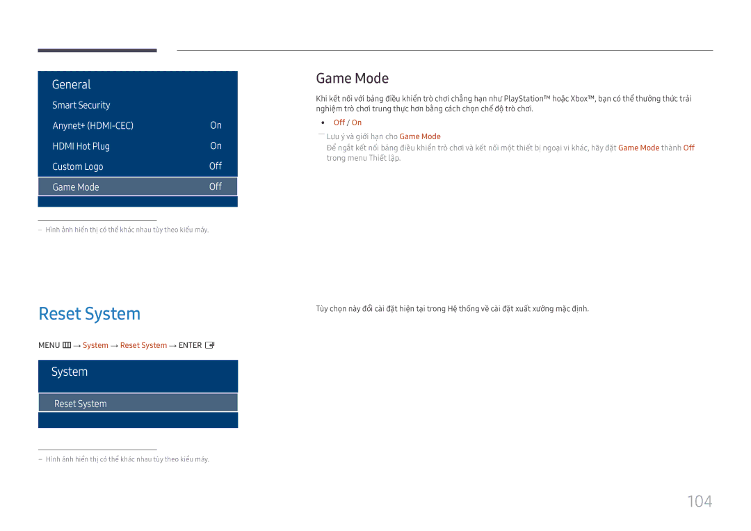 Samsung LH75OHFPLBC/XY manual 104, Game Mode, Menu m → System → Reset System → Enter E 