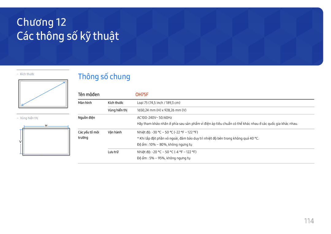 Samsung LH75OHFPLBC/XY manual Cac thông số kỹ thuật, Thông sô chung, 114, Tên môđen 