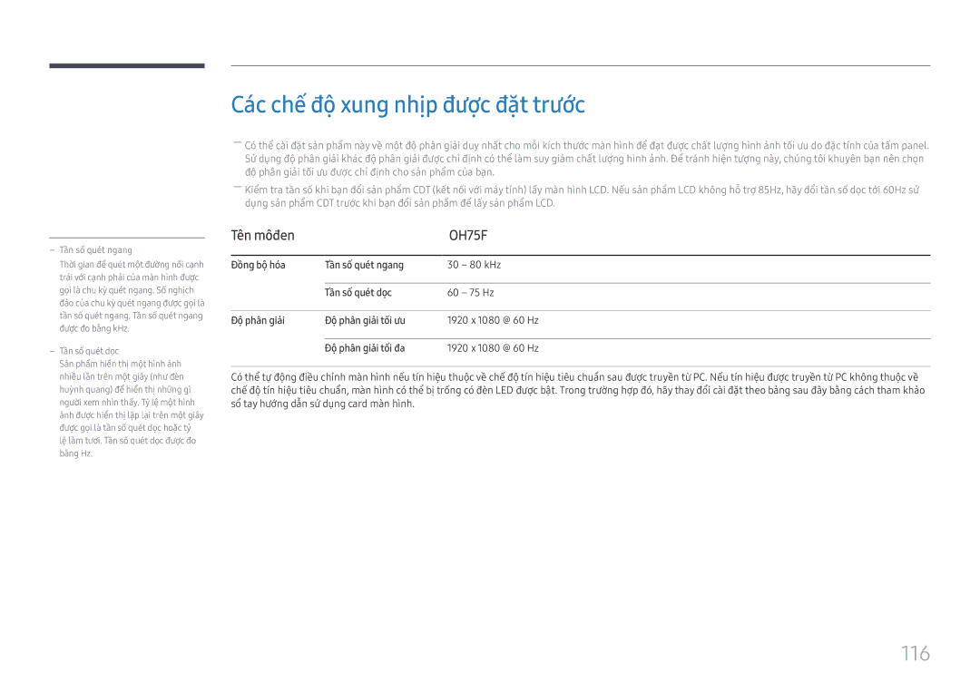 Samsung LH75OHFPLBC/XY manual Các chế độ xung nhị̣p đượ̣c đặt trước, 116 