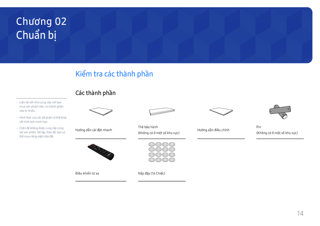 Samsung LH75OHFPLBC/XY manual Chuẩn bị̣, Kiểm tra các thà̀nh phần, Các thà̀nh phần, Điều khiể̉n từ xa Nắ́p đậ̣y 16 Chiế́c 