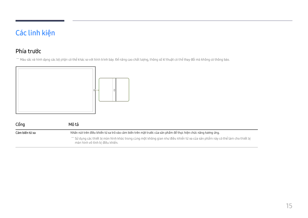 Samsung LH75OHFPLBC/XY manual Các linh kiện, Phí́a trước, Cổng Mô tả, Cả̉m biến từ̀ xa 