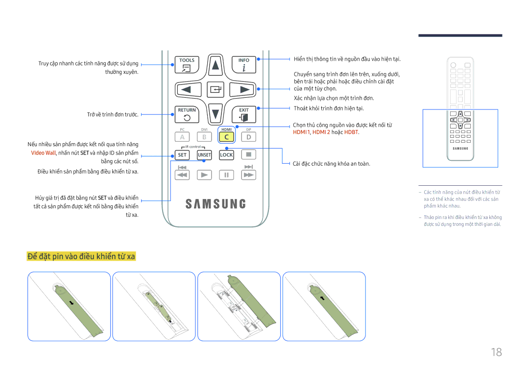 Samsung LH75OHFPLBC/XY manual Để đặt pin và̀o điề̀u khiển từ̀ xa, Chon thủ công nguôn vào được kết nối tư 