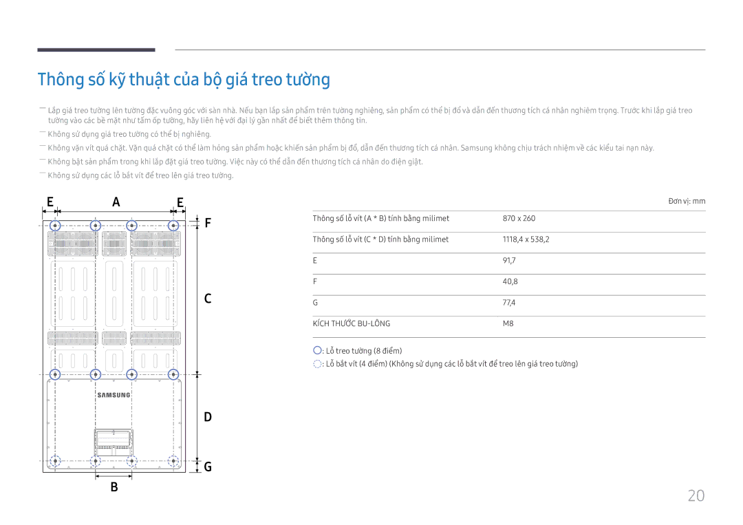 Samsung LH75OHFPLBC/XY manual Thông số kỹ thuật của bộ giá treo tường, Kích Thước BU-LÔNG 