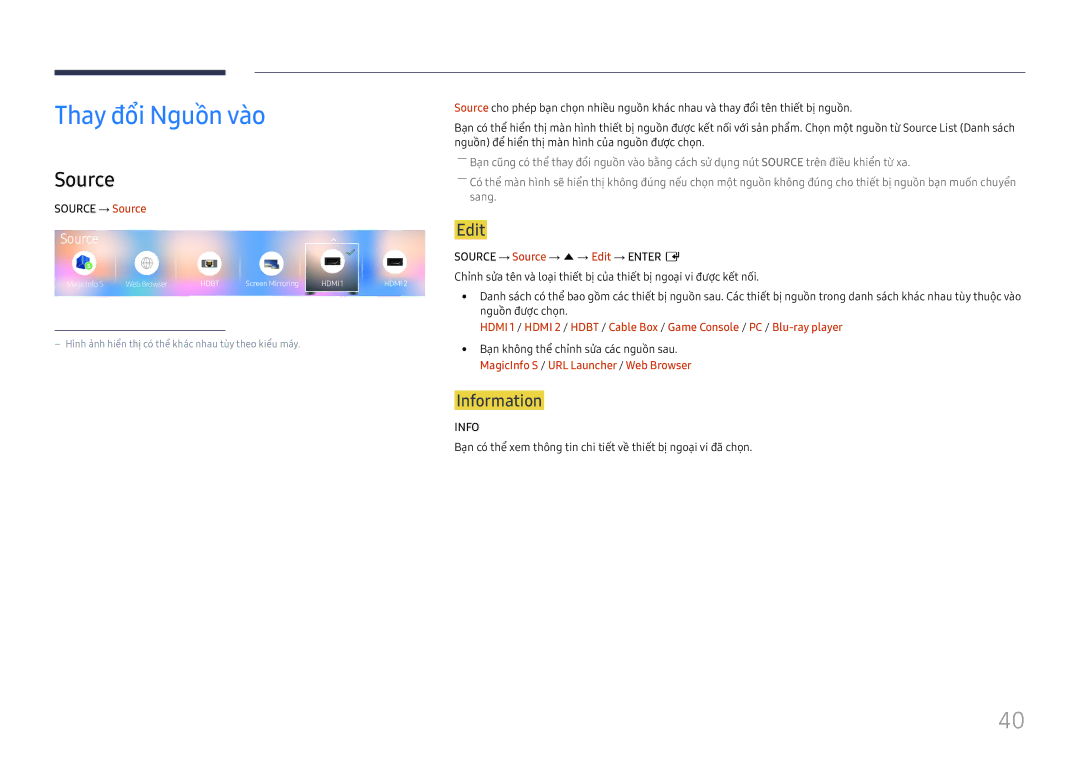 Samsung LH75OHFPLBC/XY manual Thay đôi Nguồn vào, Source, Edit, Information 