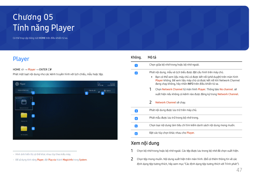 Samsung LH75OHFPLBC/XY manual Tí́nh năng Player, Xem nội dung, Không. Mô tả, Network Channel sẽ chạy 