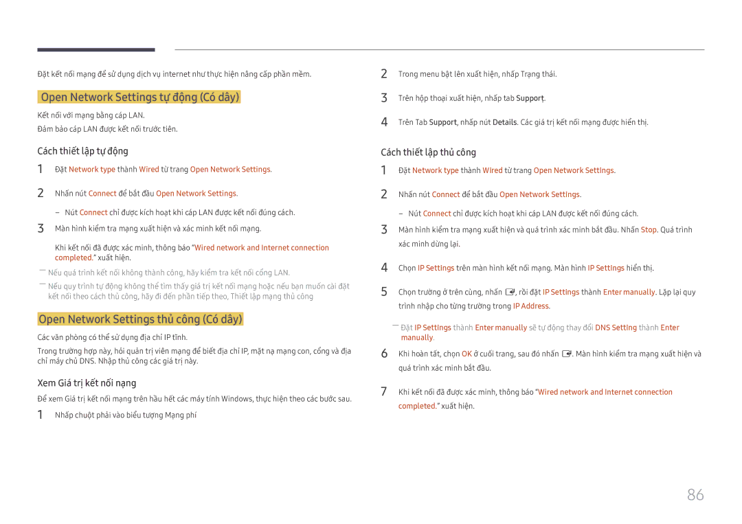 Samsung LH75OHFPLBC/XY manual Open Network Settings tự động Có dây, Open Network Settings thủ công Có dây 