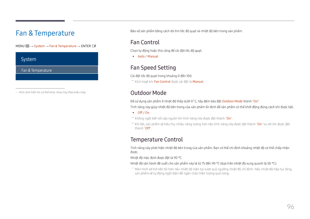 Samsung LH75OHFPLBC/XY manual Fan & Temperature, Fan Control, Fan Speed Setting, Outdoor Mode, Temperature Control 