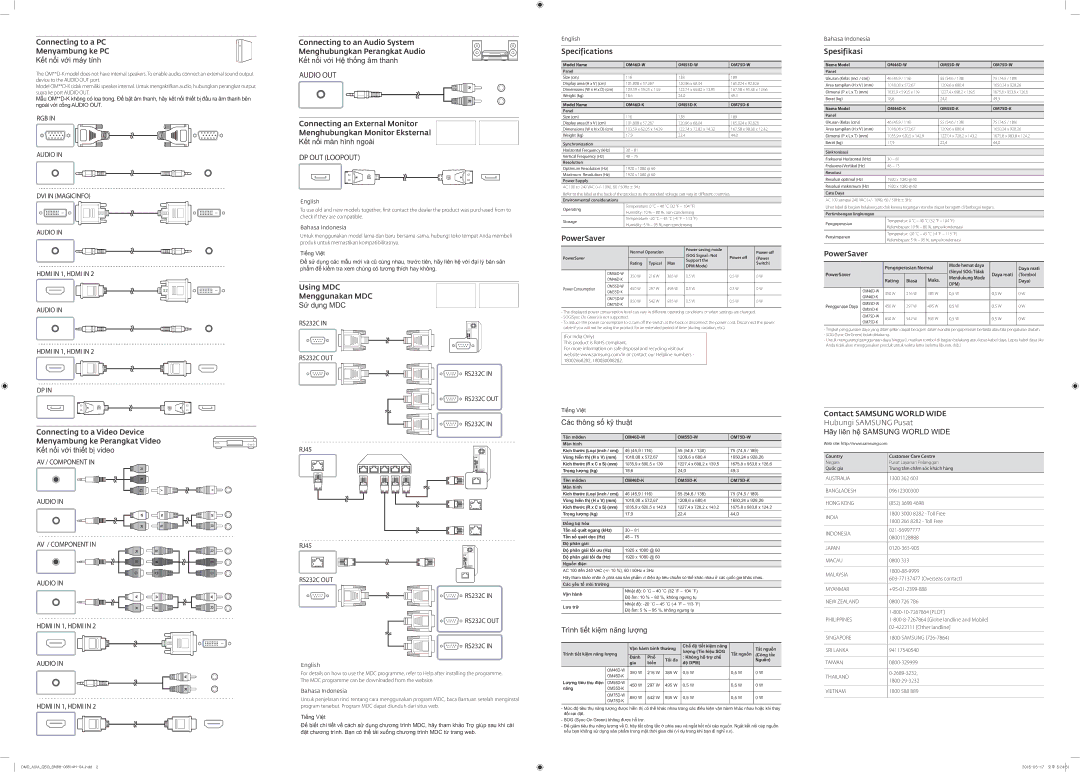 Samsung LH75OMDPKBC/GO Connecting to a PC Menyambung ke PC Kết nối với máy tính, Using MDC Menggunakan MDC Sử dụng MDC 