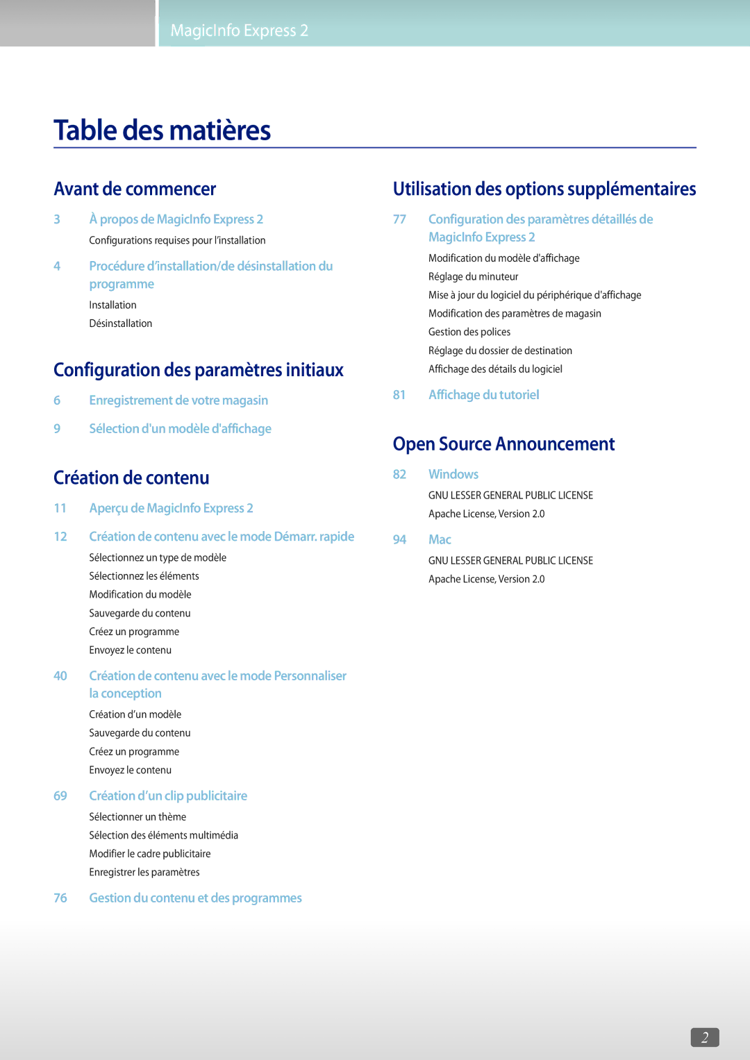 Samsung LH65QBHPLGC/EN, LH75QBHRTBC/EN, LH65QBHRTBC/EN, LH75QBHPLGC/EN, LH49DBJPLGC/EN, LH49DCJPLGC/EN manual Table des matières 