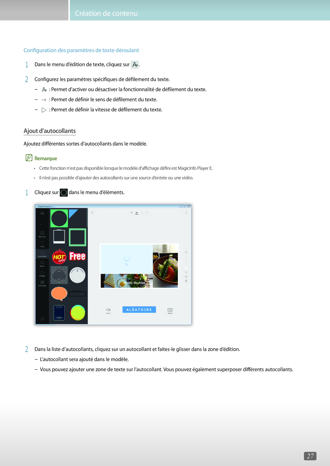 Samsung LH55QMHPLGC/EN, LH75QBHRTBC/EN manual Ajout d’autocollants, Configuration des paramètres de texte déroulant 