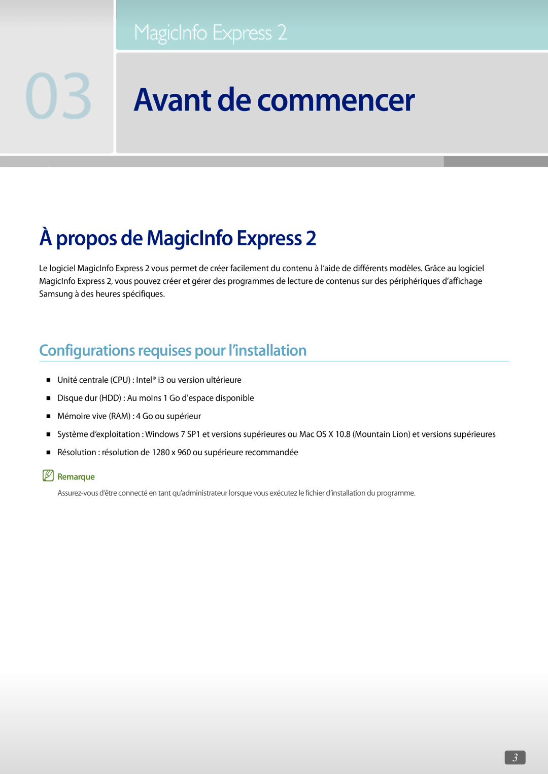 Samsung LH75QBHPLGC/EN, LH75QBHRTBC/EN manual Propos de MagicInfo Express, Configurations requises pour l’installation 