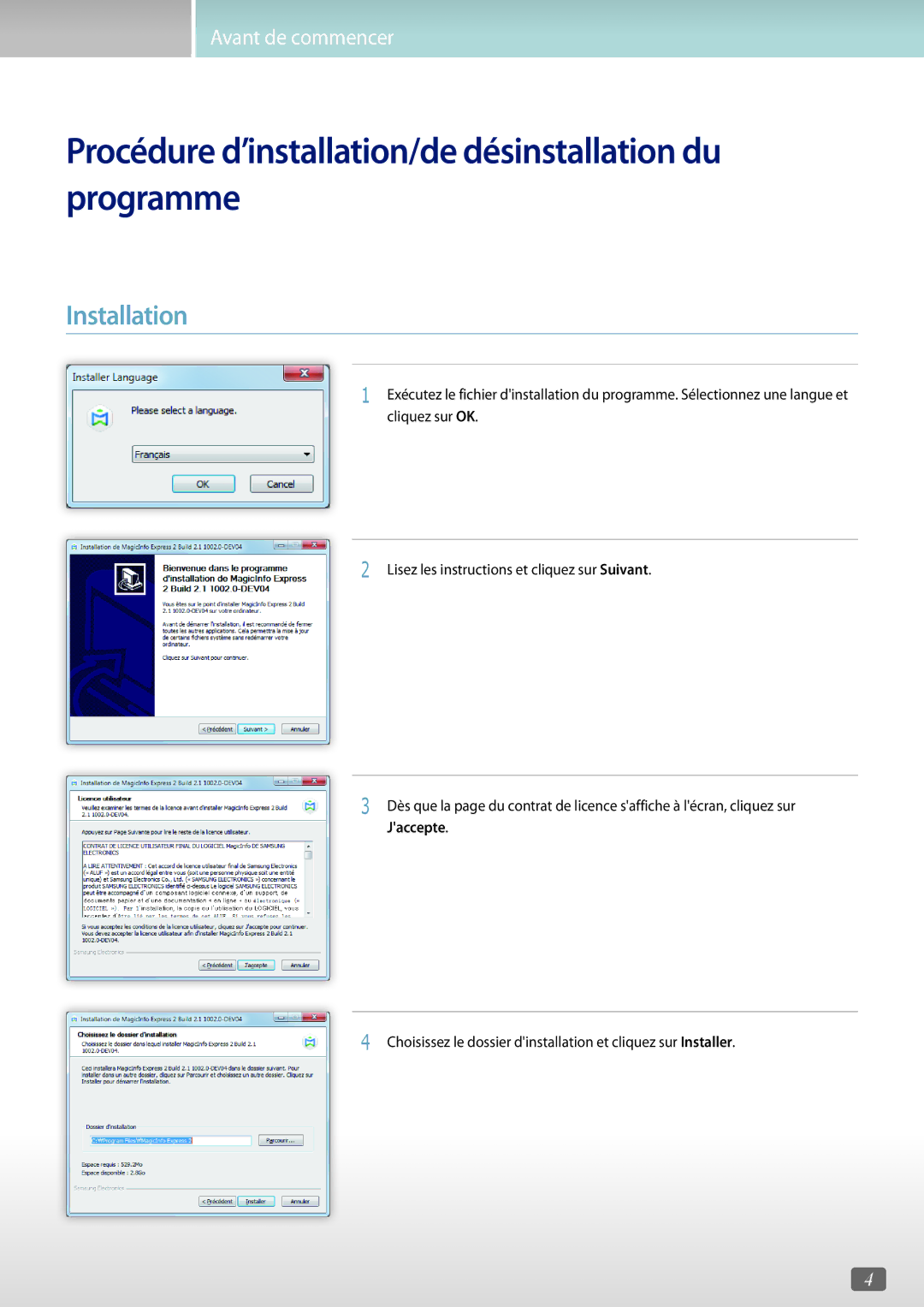 Samsung LH49DBJPLGC/EN, LH75QBHRTBC/EN manual Procédure d’installation/de désinstallation du programme, Installation 