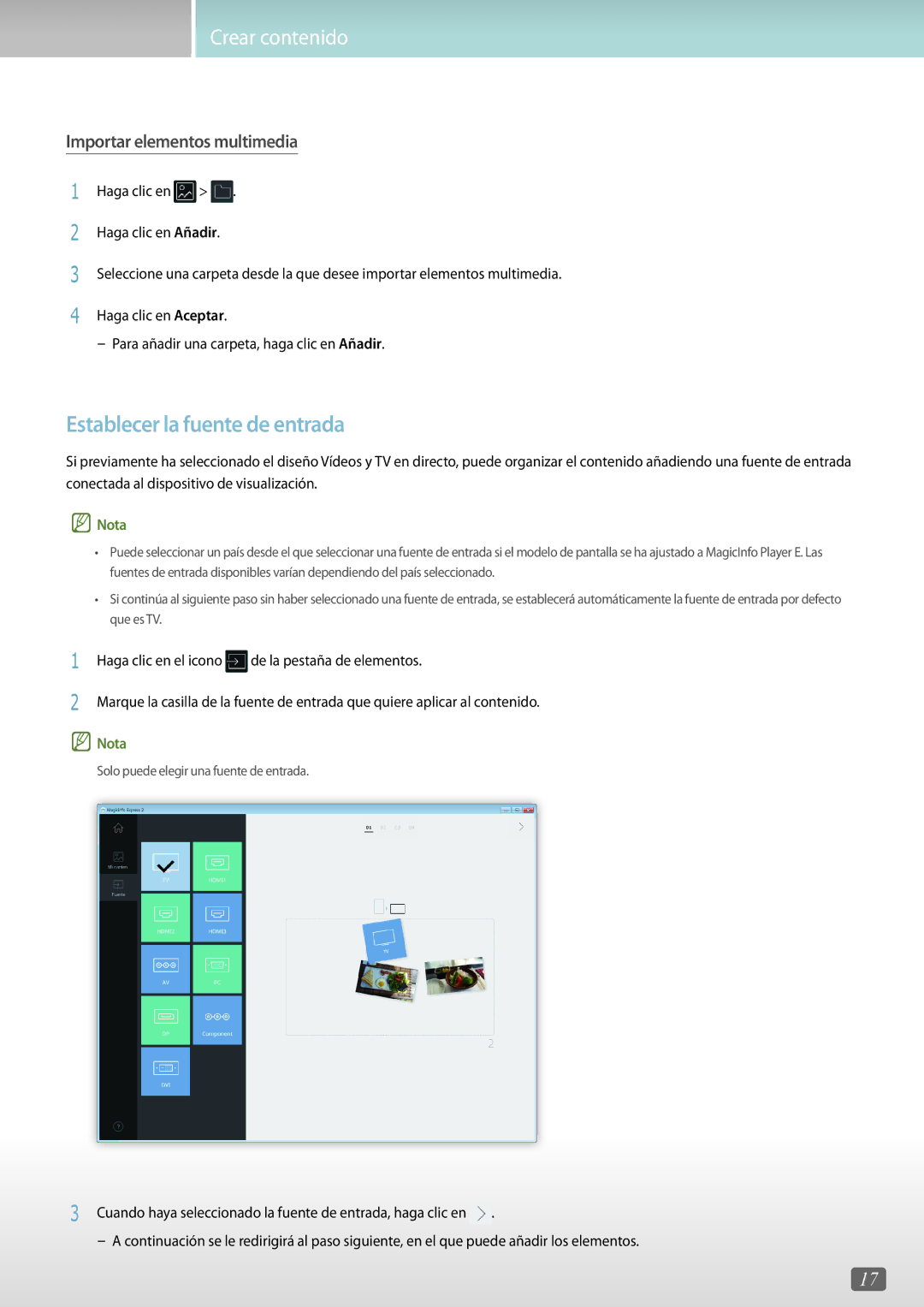 Samsung LH55PHFPBGC/EN, LH75QBHRTBC/EN, LH65QBHRTBC/EN manual Establecer la fuente de entrada, Importar elementos multimedia 