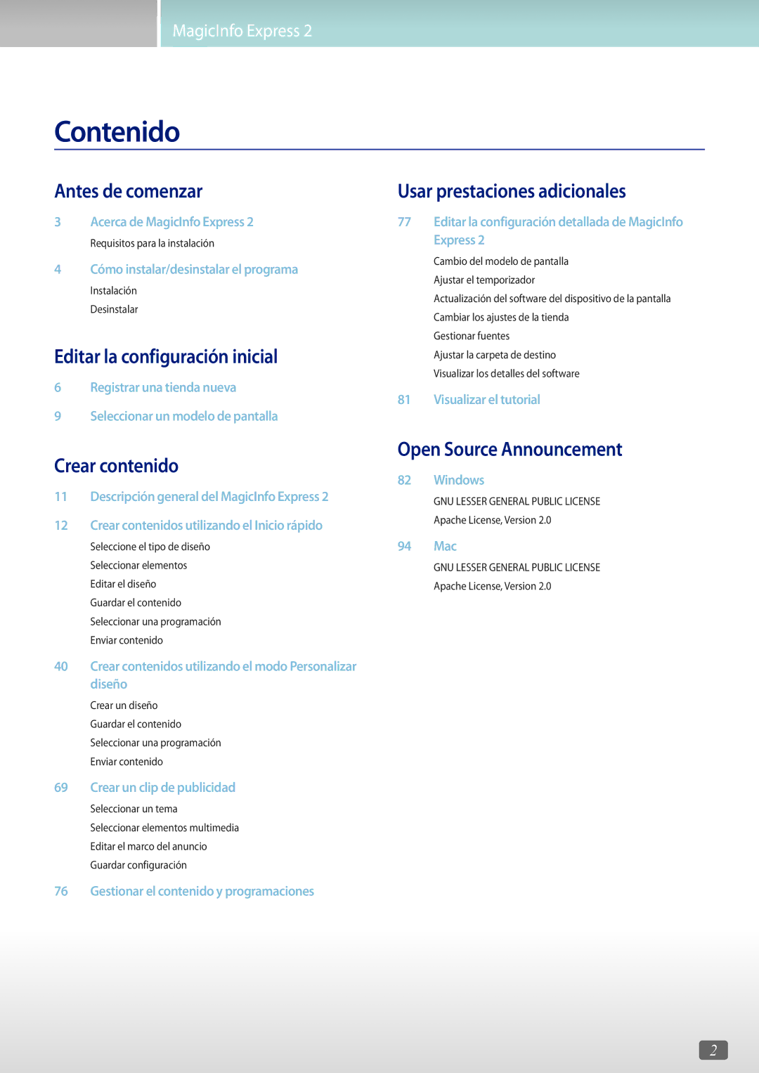 Samsung LH65QBHPLGC/EN, LH75QBHRTBC/EN, LH65QBHRTBC/EN, LH75QBHPLGC/EN, LH49DBJPLGC/EN, LH49DCJPLGC/EN manual Contenido 