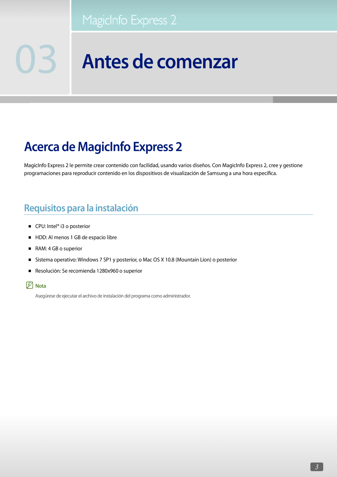 Samsung LH75QBHPLGC/EN, LH75QBHRTBC/EN, LH65QBHRTBC/EN manual Acerca de MagicInfo Express, Requisitos para la instalación 