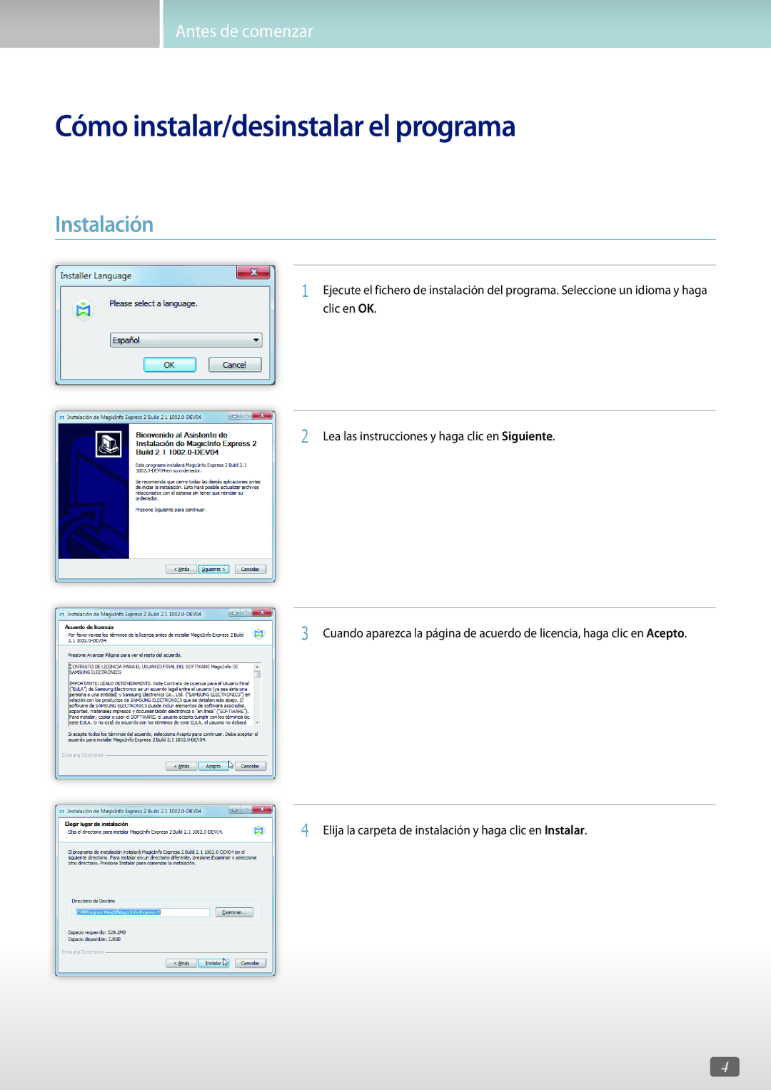 Samsung LH49DBJPLGC/EN, LH75QBHRTBC/EN, LH65QBHRTBC/EN, LH65QBHPLGC/EN Cómo instalar/desinstalar el programa, Instalación 