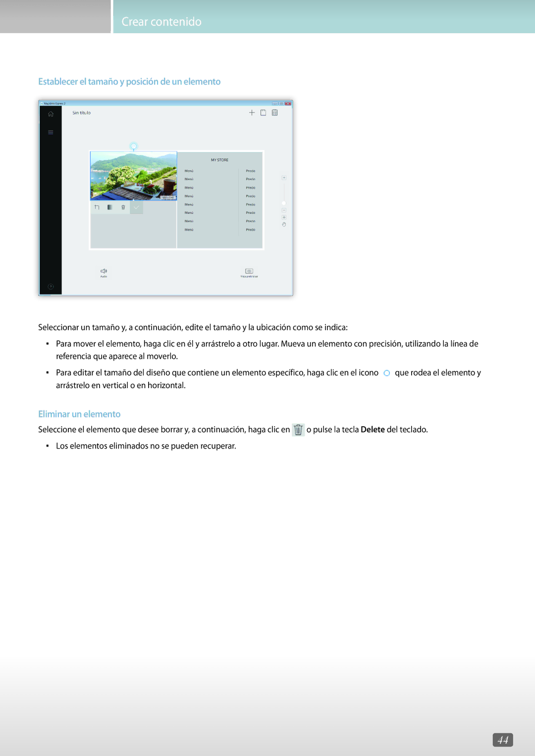 Samsung LH85OHFPLBC/EN, LH75QBHRTBC/EN, LH65QBHRTBC/EN, LH65QBHPLGC/EN manual Establecer el tamaño y posición de un elemento 