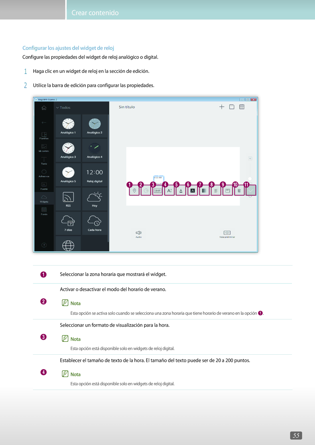 Samsung LH43PMFPBGC/EN, LH75QBHRTBC/EN, LH65QBHRTBC/EN, LH65QBHPLGC/EN manual Configurar los ajustes del widget de reloj 