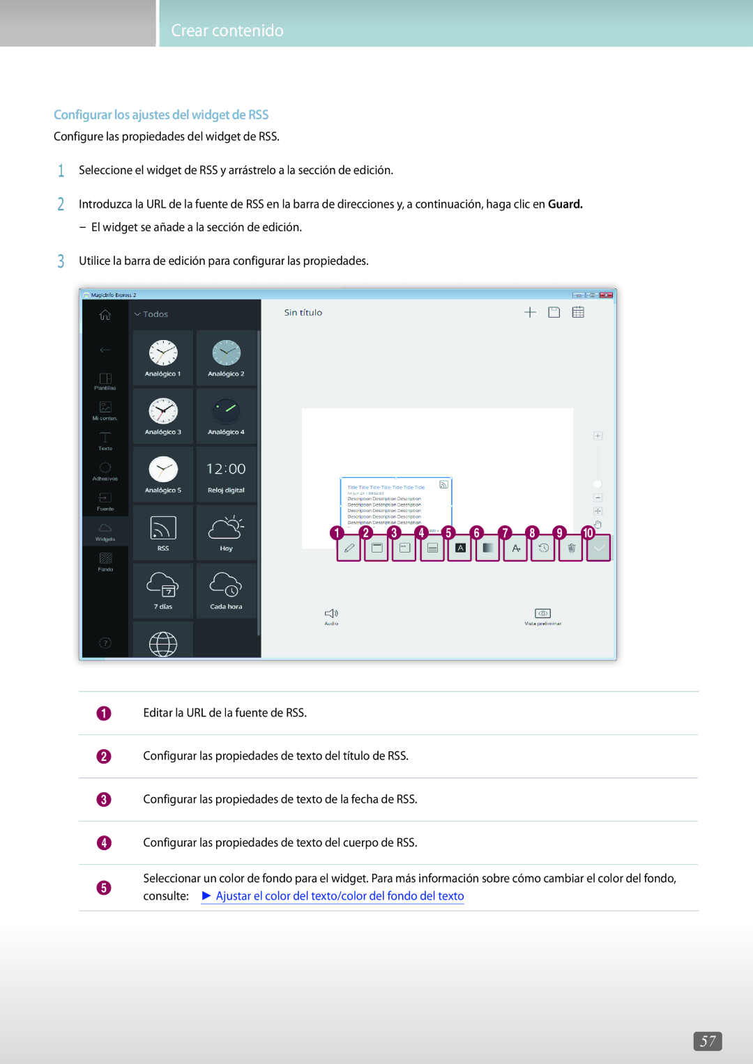 Samsung LH32DMEPLGC/EN, LH75QBHRTBC/EN, LH65QBHRTBC/EN, LH65QBHPLGC/EN manual Configurar los ajustes del widget de RSS 