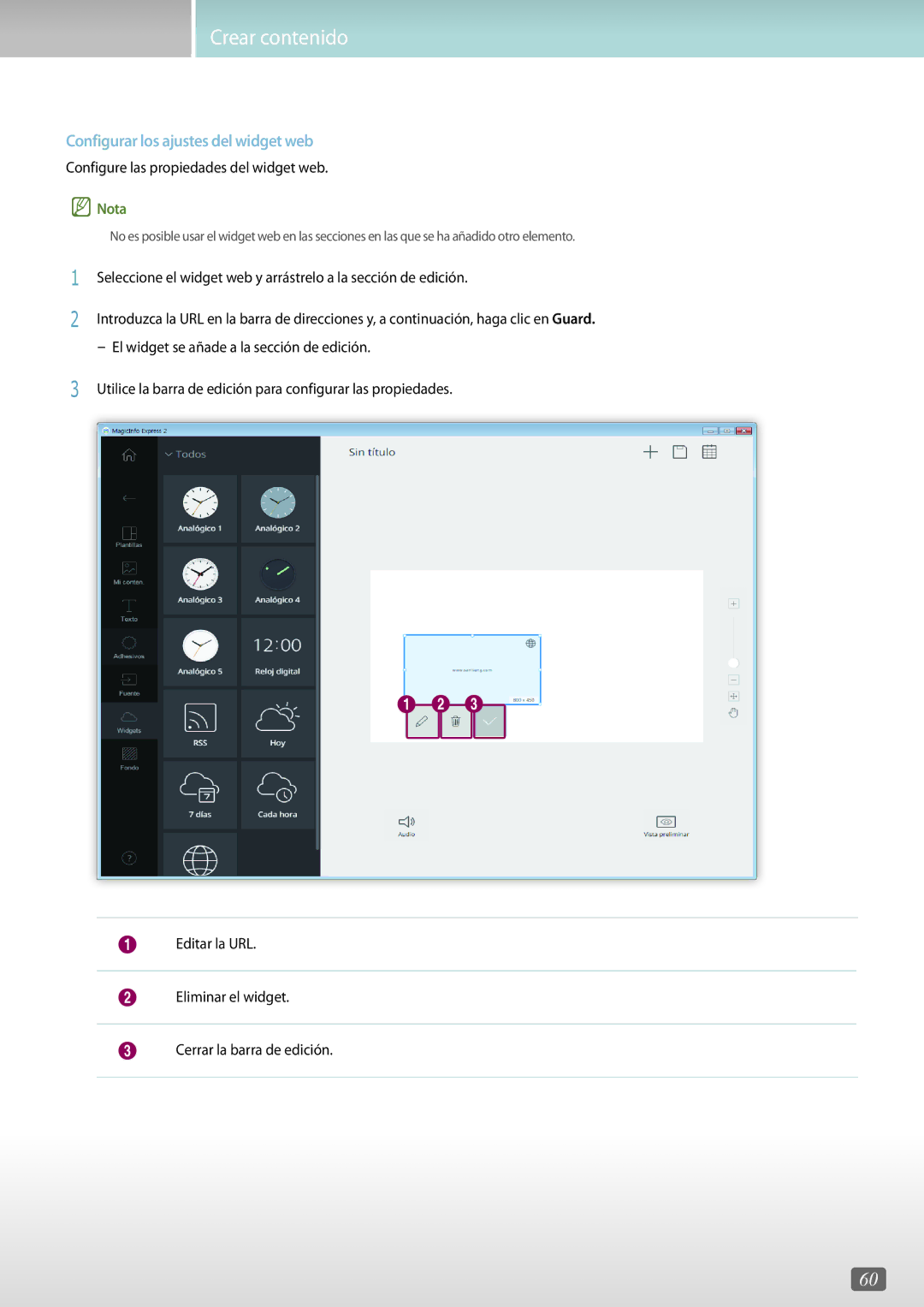 Samsung LH48DHEPLGC/EN, LH75QBHRTBC/EN, LH65QBHRTBC/EN, LH65QBHPLGC/EN, LH75QBHPLGC/EN Configurar los ajustes del widget web 