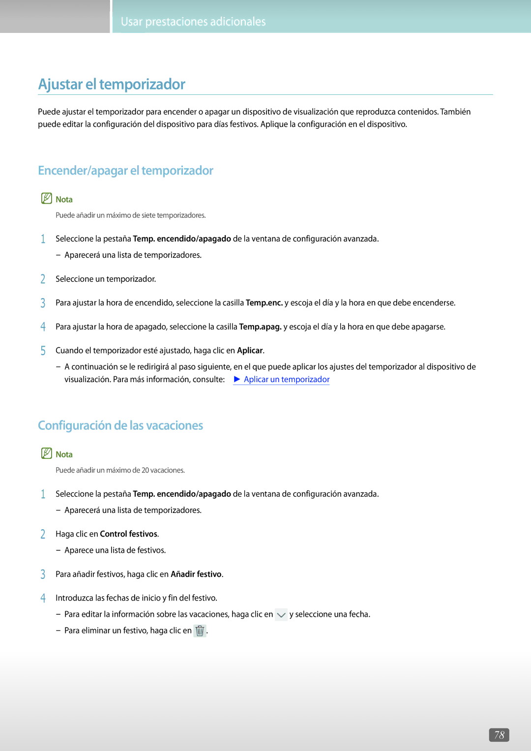 Samsung LH55PMHPBGC/EN manual Ajustar el temporizador, Encender/apagar el temporizador, Configuración de las vacaciones 