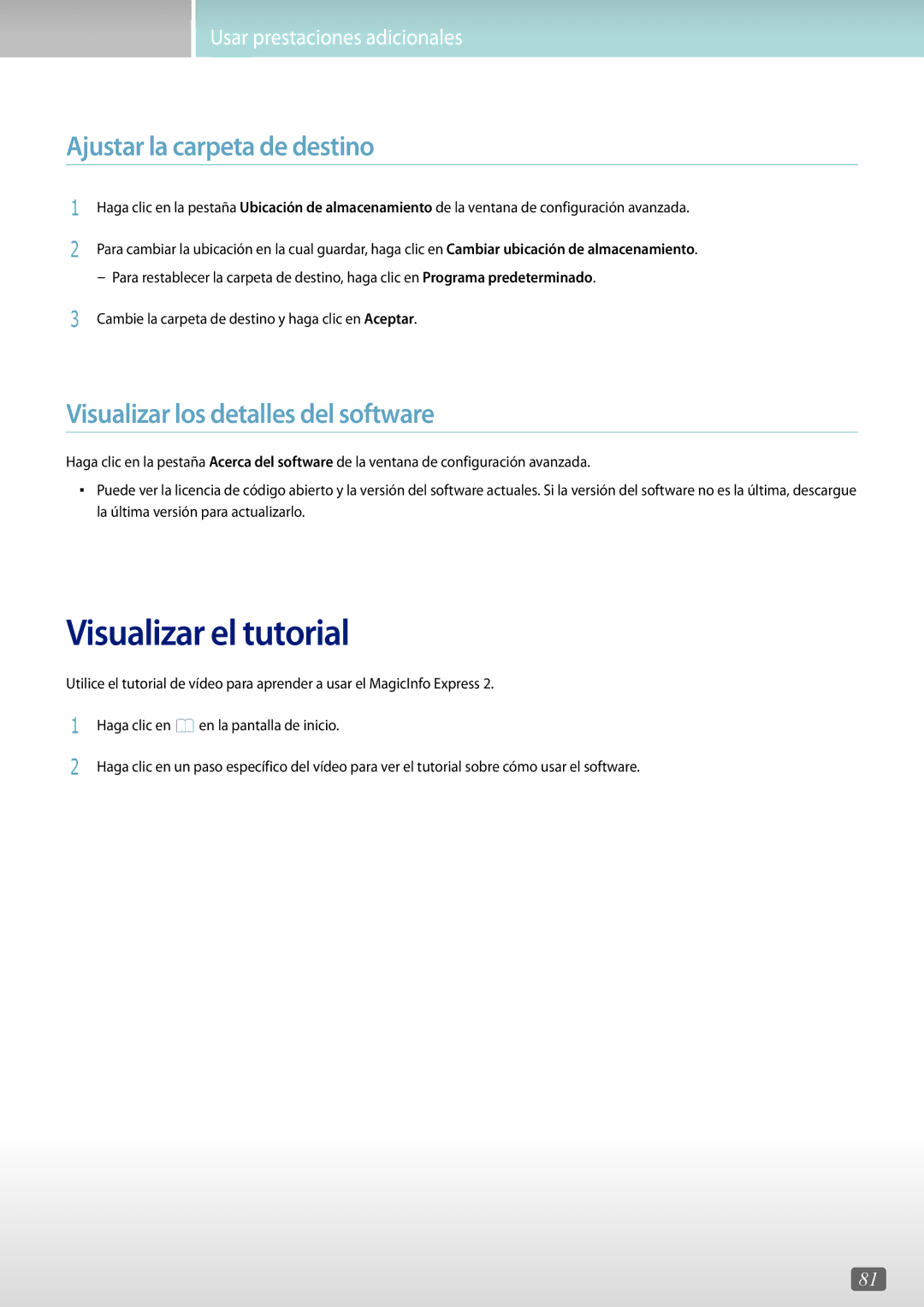 Samsung LH55DMEPLGC/EN manual Visualizar el tutorial, Ajustar la carpeta de destino, Visualizar los detalles del software 