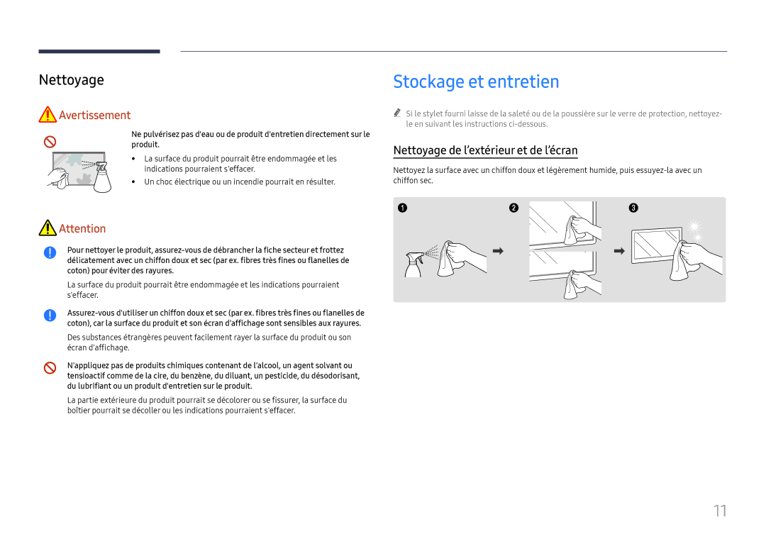 Samsung LH65QBHRTBC/EN, LH75QBHRTBC/EN manual Stockage et entretien, Nettoyage de l’extérieur et de l’écran 