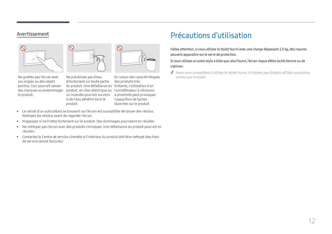 Samsung LH75QBHRTBC/EN manual Avertissement, Ne grattez pas lécran avec Ne pulvérisez pas deau, Brillants, lutilisation dun 