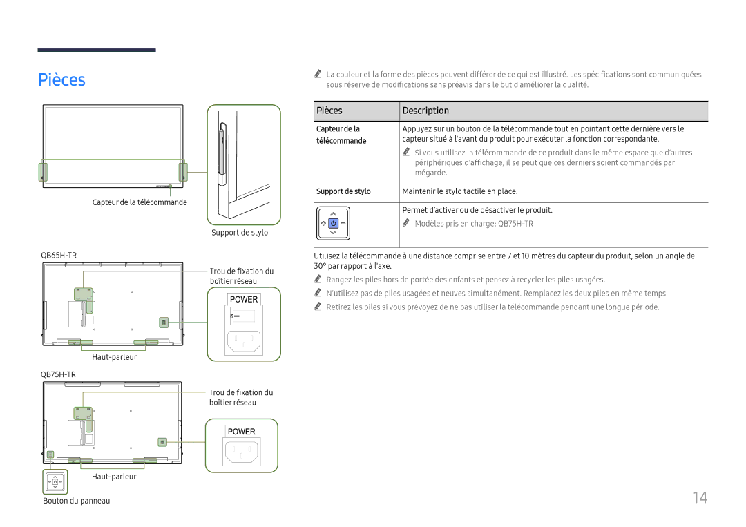 Samsung LH75QBHRTBC/EN, LH65QBHRTBC/EN manual Pièces Description, Capteur de la, Télécommande, Support de stylo 