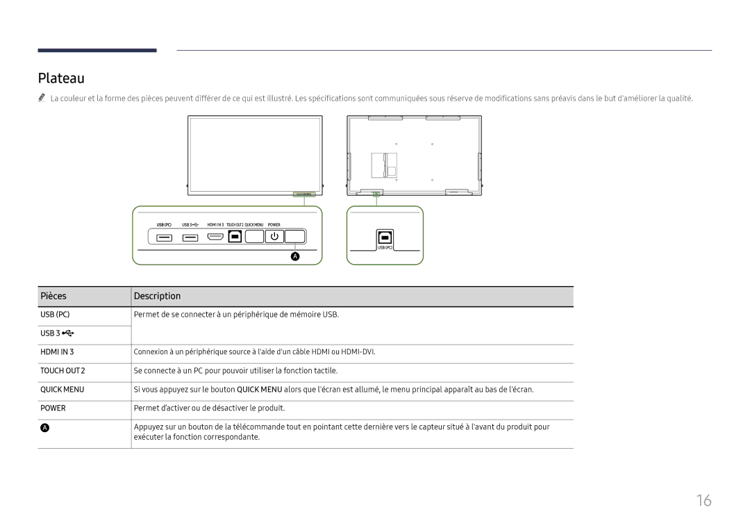 Samsung LH75QBHRTBC/EN, LH65QBHRTBC/EN manual Plateau, Permet de se connecter à un périphérique de mémoire USB, USB 3 ¨ 