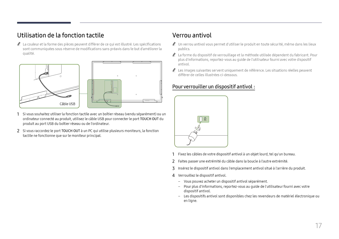 Samsung LH65QBHRTBC/EN manual Utilisation de la fonction tactile, Verrou antivol, Pour verrouiller un dispositif antivol 