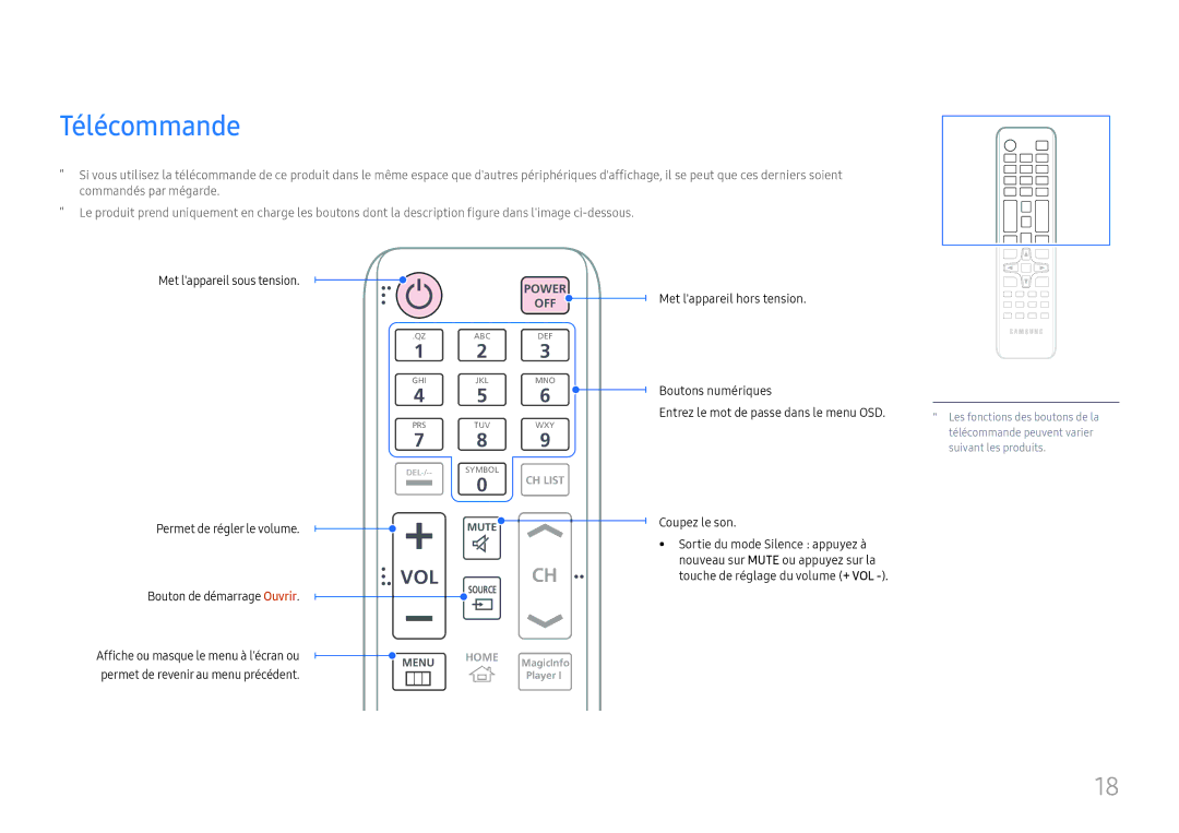 Samsung LH75QBHRTBC/EN, LH65QBHRTBC/EN manual Télécommande, Permet de régler le volume Bouton de démarrage Ouvrir 