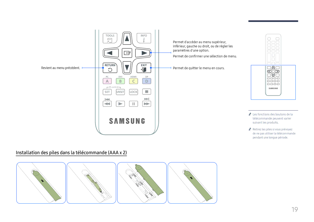 Samsung LH65QBHRTBC/EN, LH75QBHRTBC/EN manual Installation des piles dans la télécommande AAA x, Revient au menu précédent 