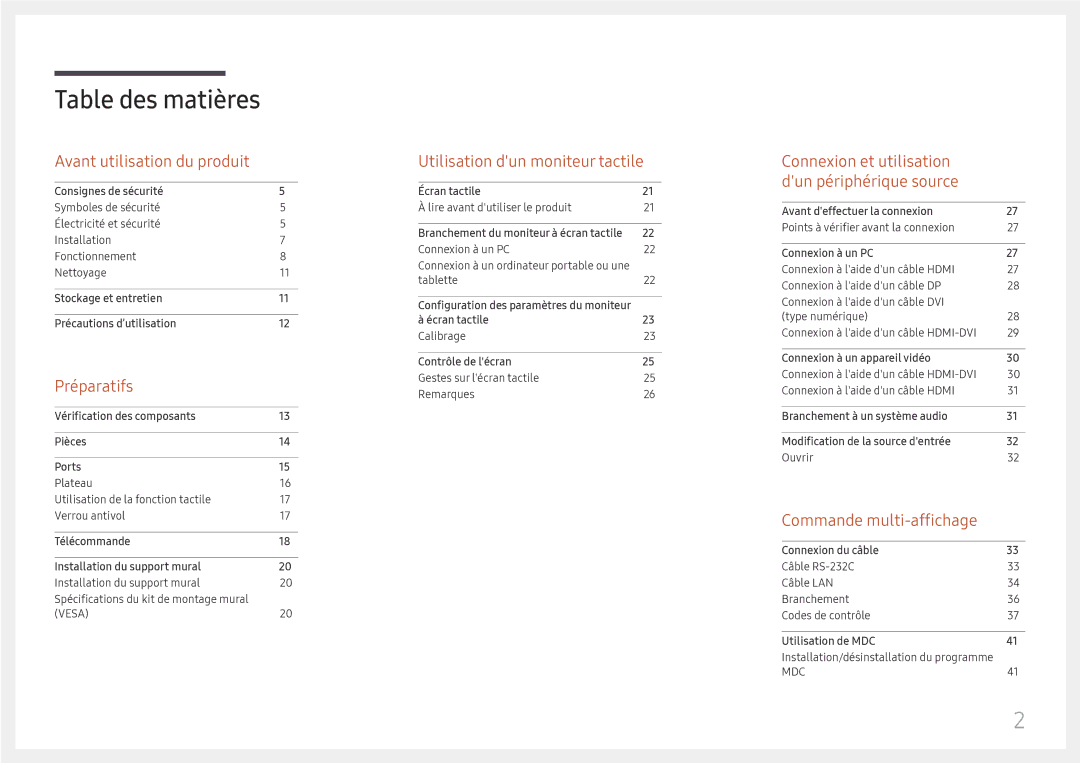 Samsung LH75QBHRTBC/EN, LH65QBHRTBC/EN manual Table des matières 