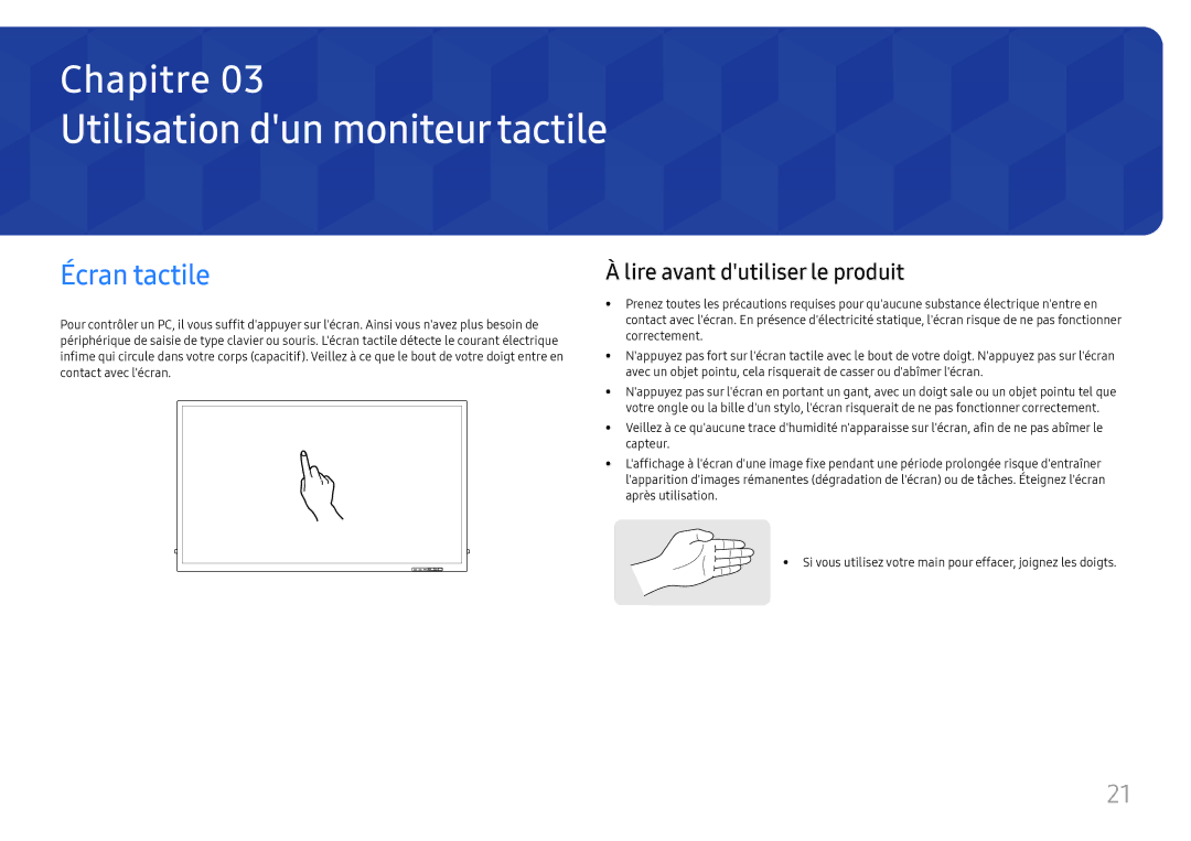 Samsung LH65QBHRTBC/EN, LH75QBHRTBC/EN Utilisation dun moniteur tactile, Écran tactile, Lire avant dutiliser le produit 