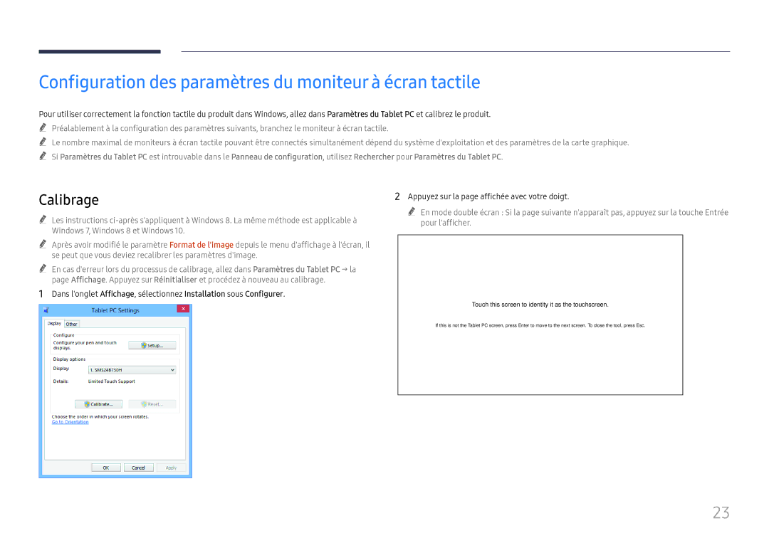 Samsung LH65QBHRTBC/EN, LH75QBHRTBC/EN manual Configuration des paramètres du moniteur à écran tactile, Calibrage 