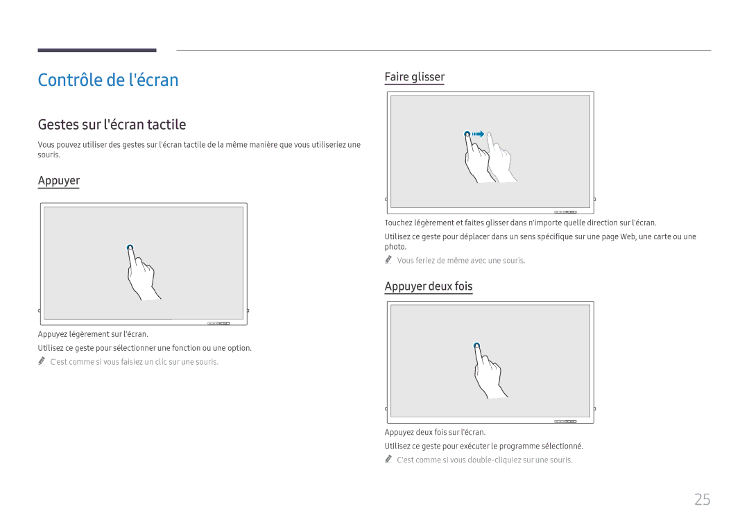 Samsung LH65QBHRTBC/EN, LH75QBHRTBC/EN Contrôle de lécran, Gestes sur lécran tactile, Faire glisser, Appuyer deux fois 