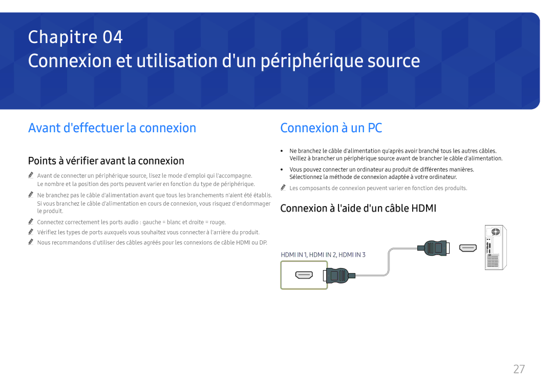 Samsung LH65QBHRTBC/EN, LH75QBHRTBC/EN Connexion et utilisation dun périphérique source, Avant deffectuer la connexion 