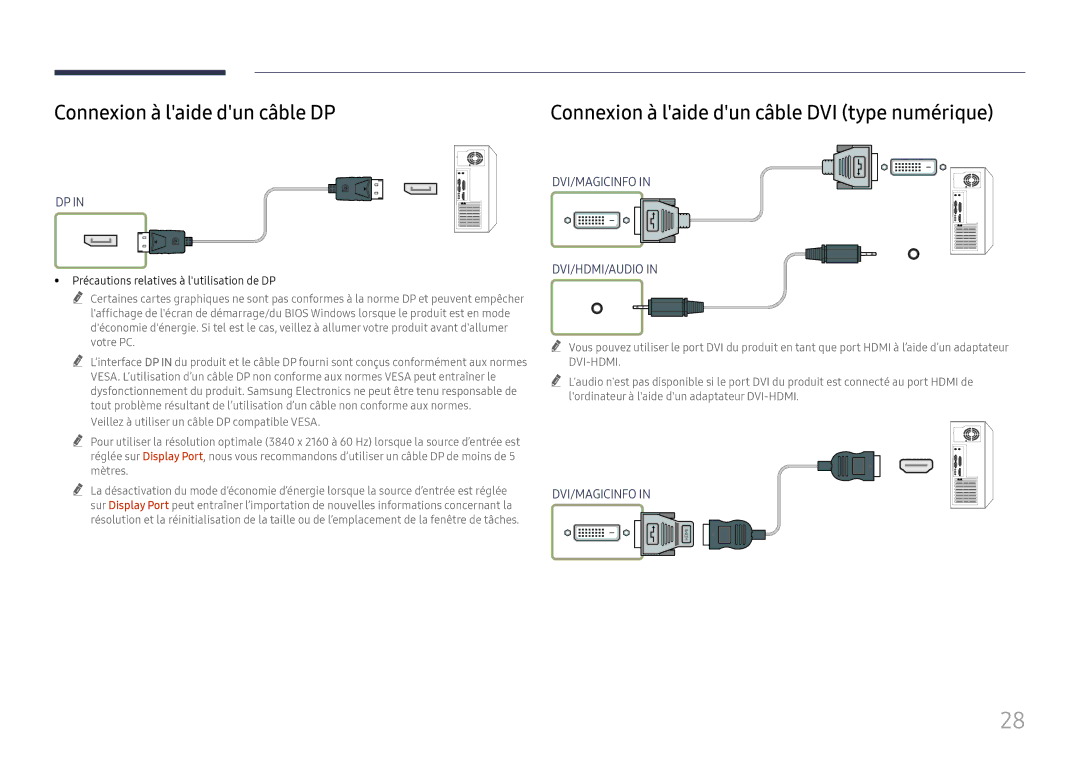 Samsung LH75QBHRTBC/EN, LH65QBHRTBC/EN manual Connexion à laide dun câble DP, Précautions relatives à lutilisation de DP 